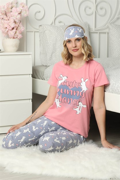 Tavşan Baskılı Kısa Kol Pijama Takım Pembe