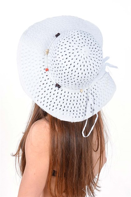 Transparan Delikli Kadın Hasır Şapka Beyaz