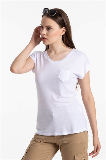 V Yaka Cepli T-Shirt Beyaz