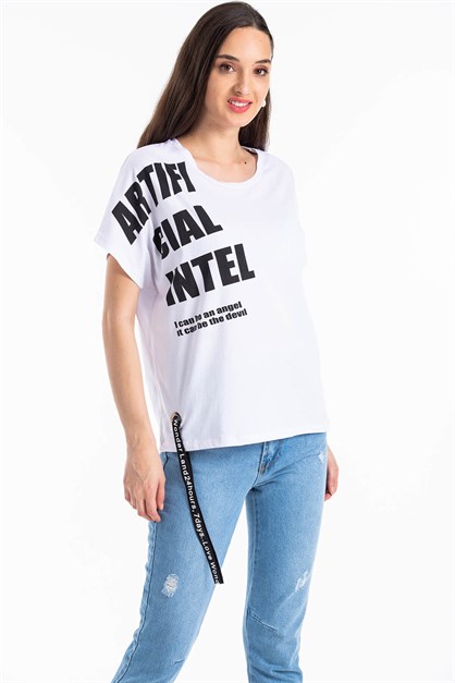 Yazı Detaylı Kadın T-Shirt Beyaz