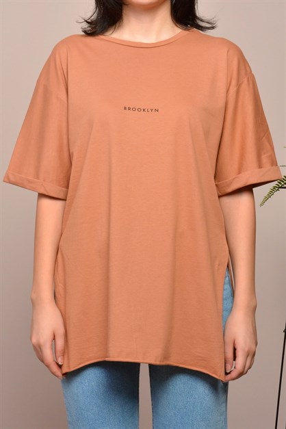 Yırtmaçlı Lazer Kesim T-Shirt Vizon