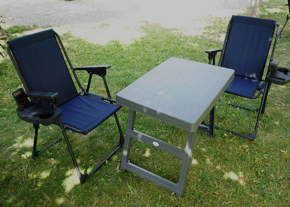 3'lü Set, Bardaklıklı Katlanır Kamp Sandalyesi 2 Adet + Katlanır Kamp Masası,  Kamp Masası Seti