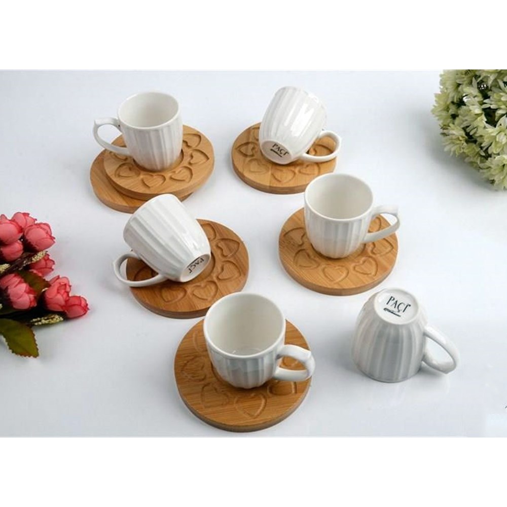 Paçi Porcelain 6'Lı Bambu Tabaklı Kahve Fincan Seti , Büyük Kahve Fincan  Takımı 101196