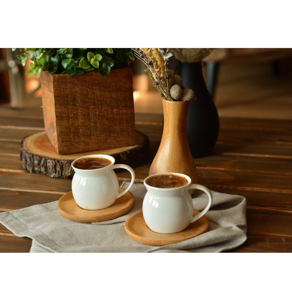 Porselen Bambu Tabaklı 6'lı Kahve Fincan Takımı (K10768)