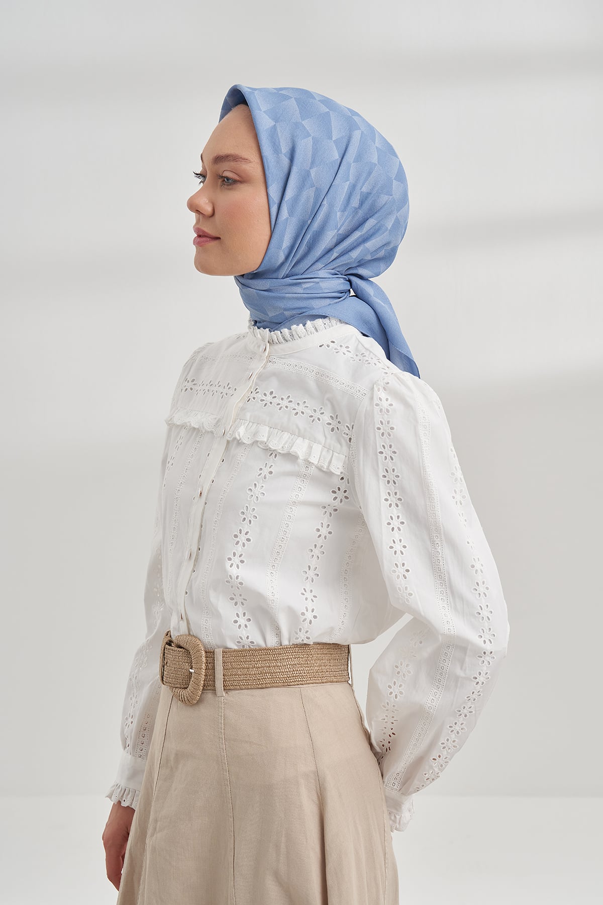 COTTON MONOGRAM GEOMETRİK DESEN EŞARP - KOT MAVİSİ