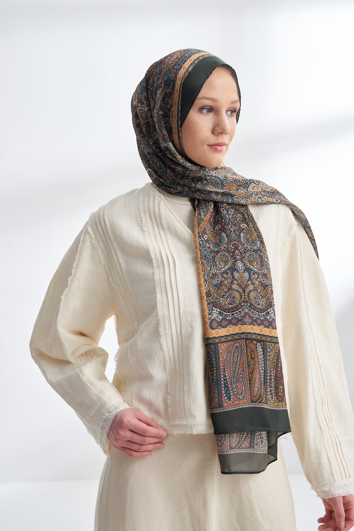 ETHNIC VUAL VINTAGE DESEN ŞAL - KAŞMİR HAKİ