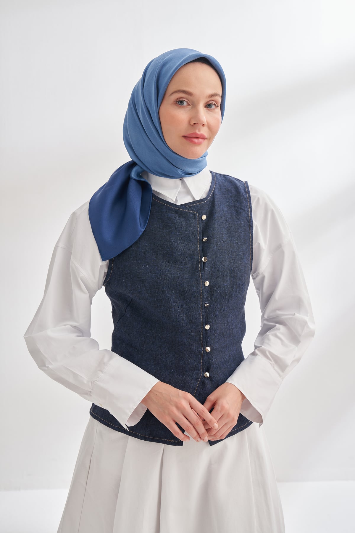 PREMIUM ÇİFT TARAFLI TWILL İPEK EŞARP - LACİVERT - BEBE MAVİSİ