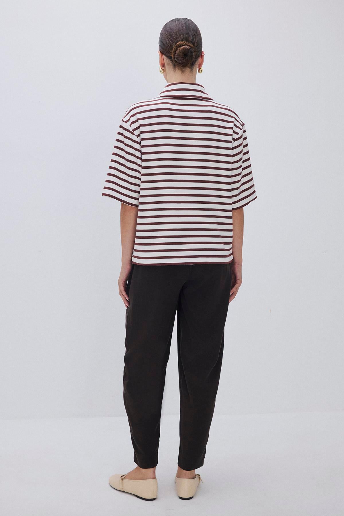 ÇİZGİLİ GENİŞ FORM T-SHIRT ACI KAHVE