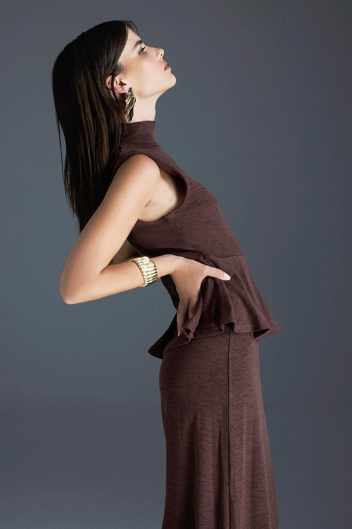Peplum Detail Knitwear Set Dark Brown
