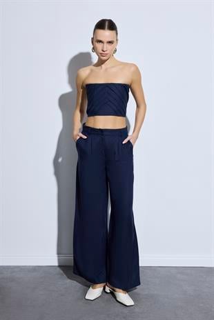 %100 KETEN CROP TOP MARİN