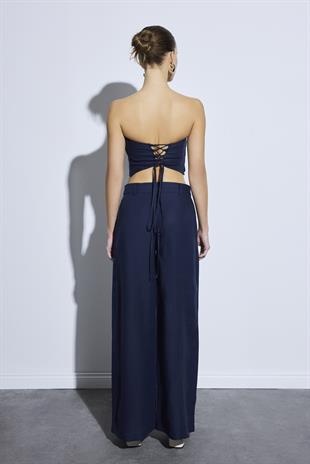 %100 KETEN PALAZZO PANTOLON MARİN