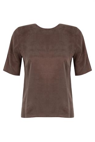 Stonewashed Silk Short Sleeve Blouse Dark Brown