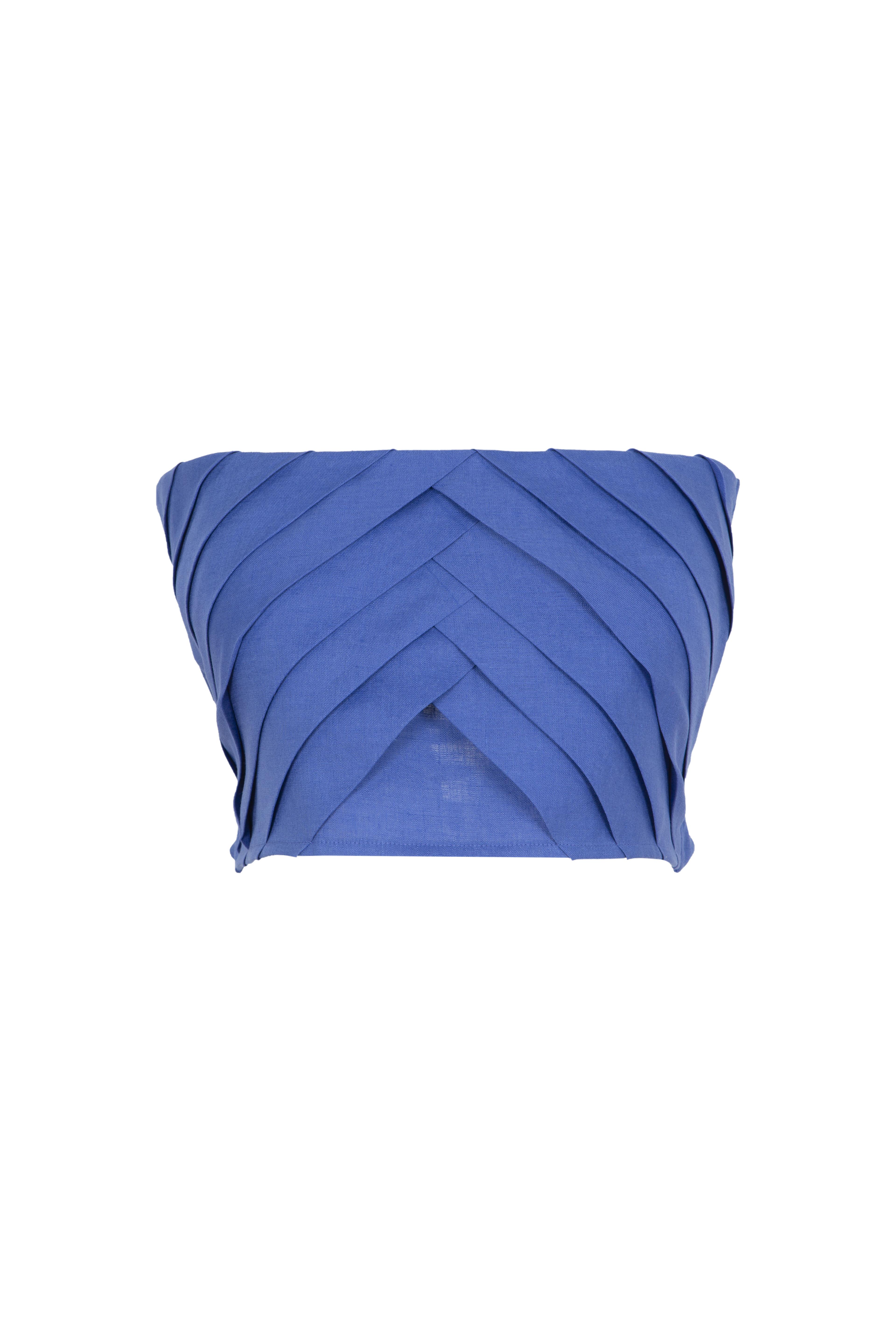 %100 KETEN CROP TOP SAX MAVİ