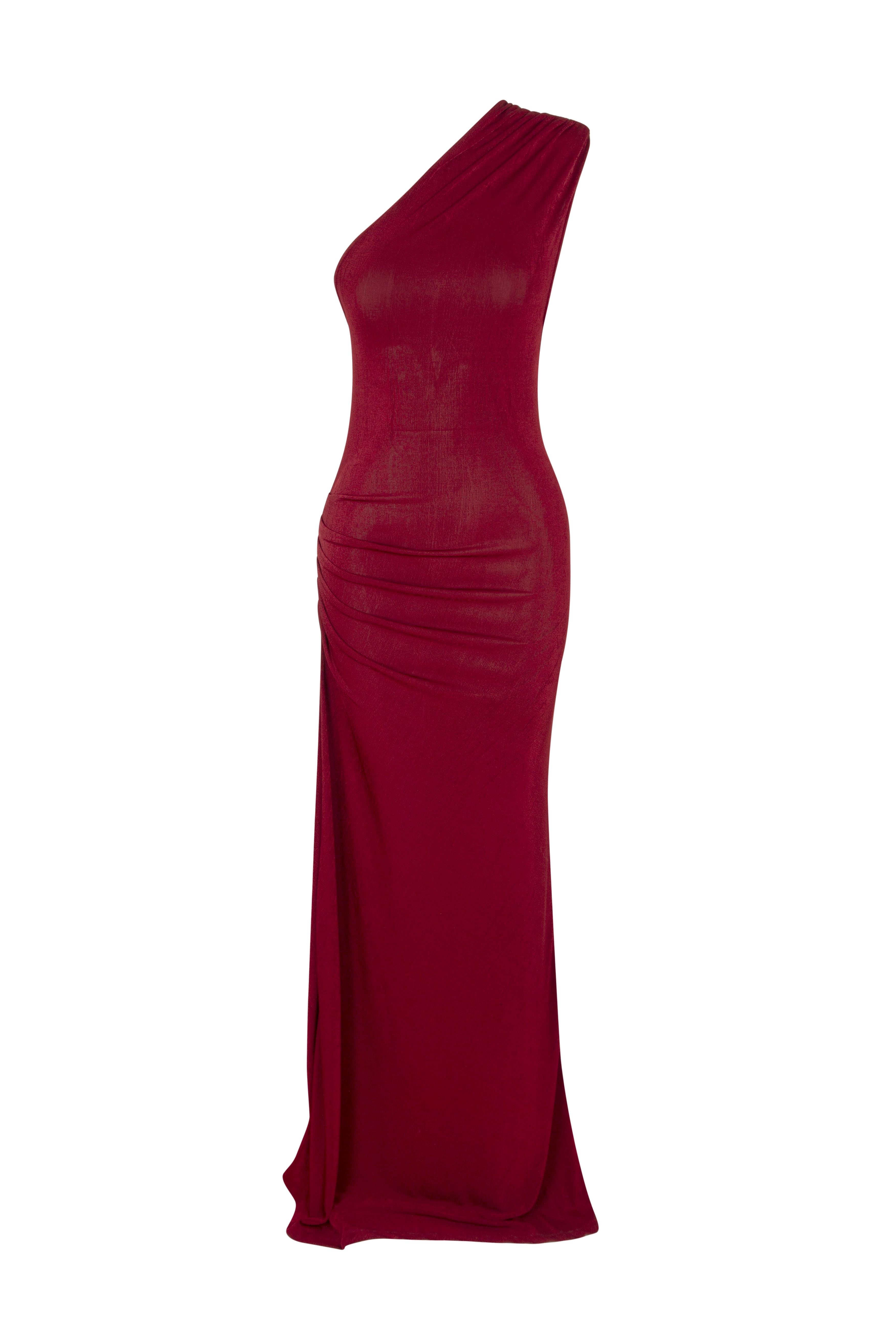 ASİMETRİK MAXİ ELBİSE BORDO