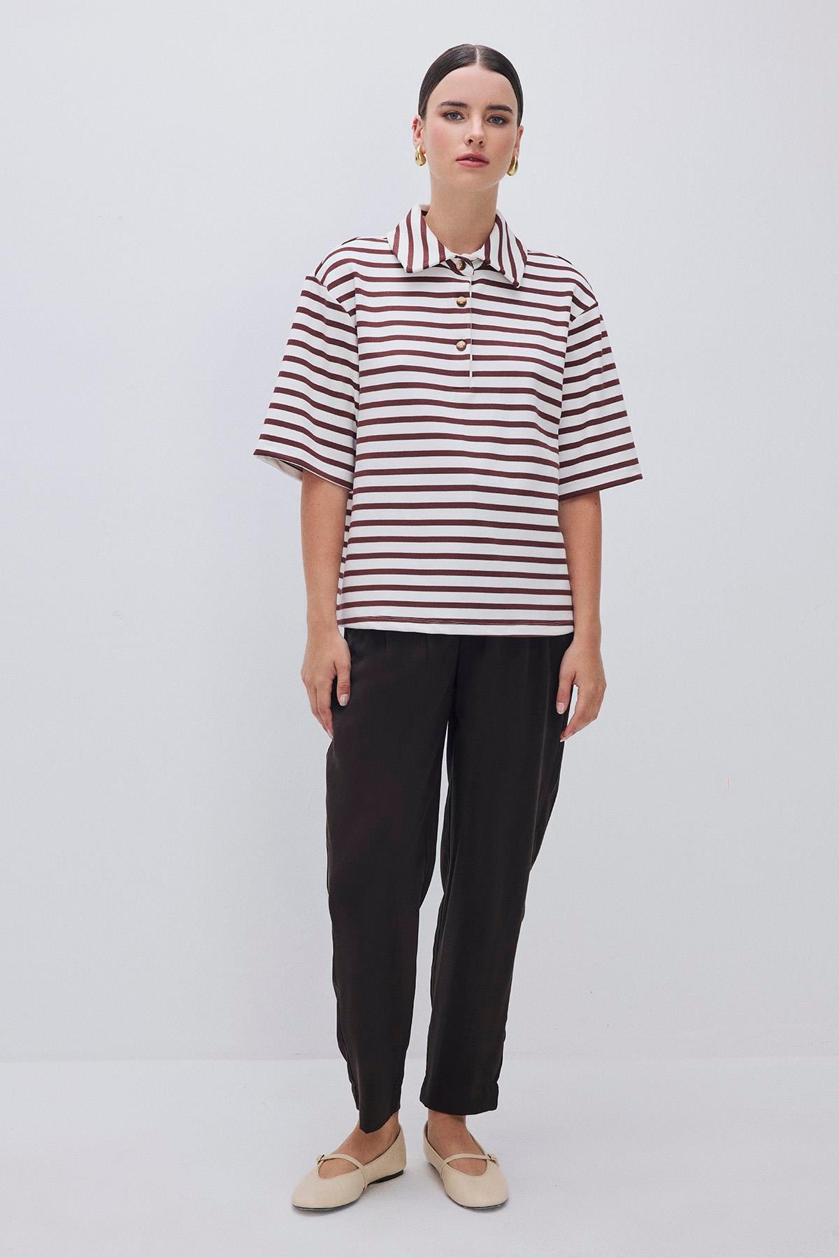 ÇİZGİLİ GENİŞ FORM T-SHIRT ACI KAHVE
