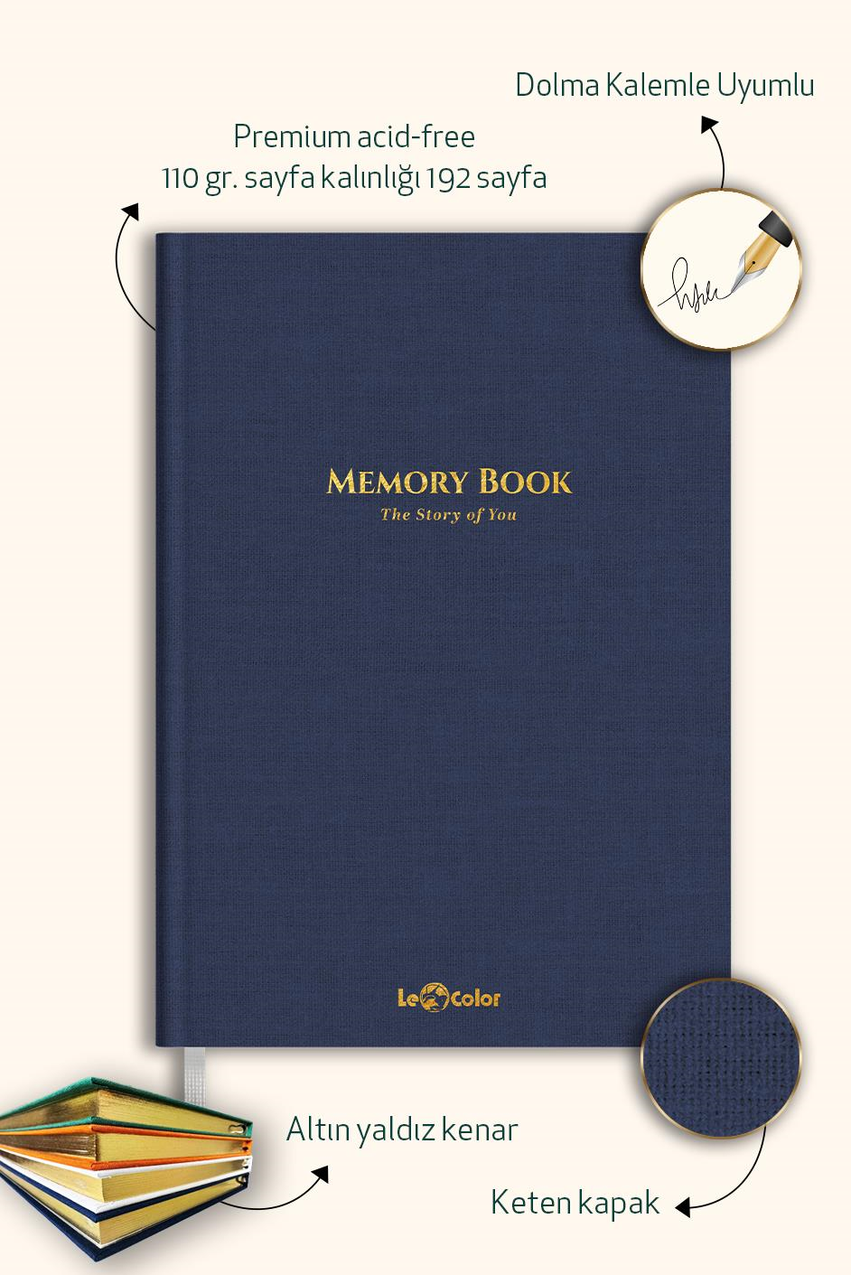 Memory Book Keten Hatıra Defteri Altın Kenarlı Anı Albümü Lacivert