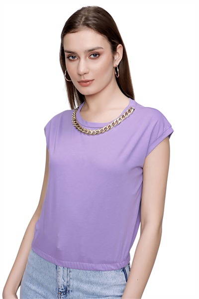 Kadın Lila Yakası Zincirlli Tshirt