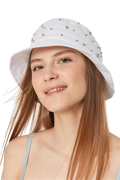 Kadın Beyaz Üzeri Taşlı Bucket Şapka