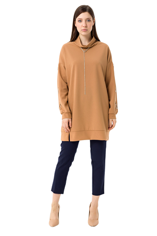 Kadın Camel Kolu Halka Detaylı Degaje Yaka Sweat