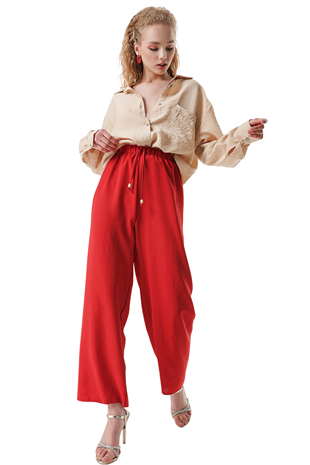 Kadın Kırmızı Beli Lastikli Ayrobin Pantolon