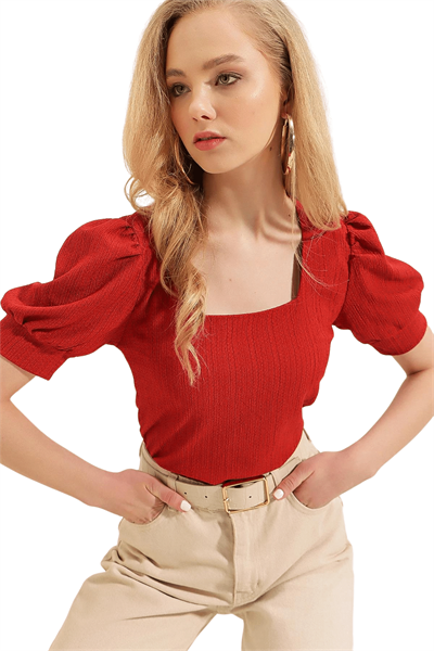 Kadın Kırmızı Kare Yaka Örme Bluz