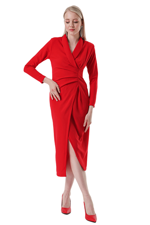 Kadın Kırmızı Şal Yaka Önü Büzgülü Elbise