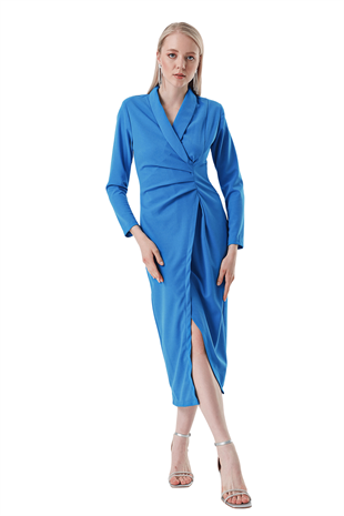 Kadın Mavi Şal Yaka Önü Büzgülü Elbise