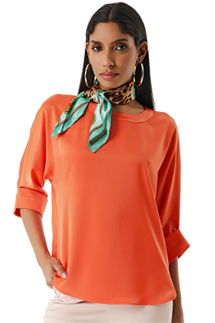 Kadın Orange Duble Kol Saten Bluz