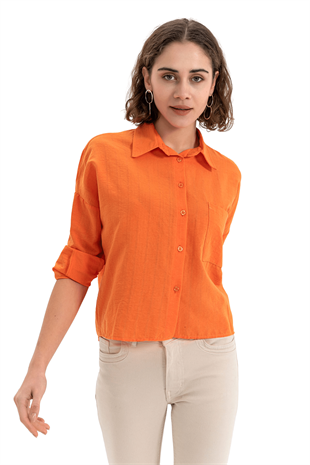 Kadın Orange Tek Cep Kısa Gömlek