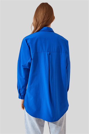 Kadın Saks Mavi Geniş Yaka Düz Gömlek