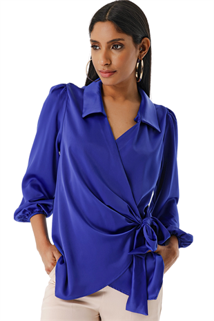 Kadın Saks Mavi Yan Bağlamalı Yakalı Saten Bluz