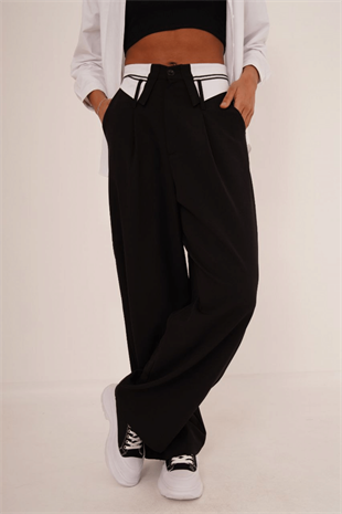 Kadın Siyah Kemer Detaylı Bol Paça Pantolon
