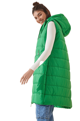 Kadın Yeşil Kapşonlu Uzun Şişme Yelek