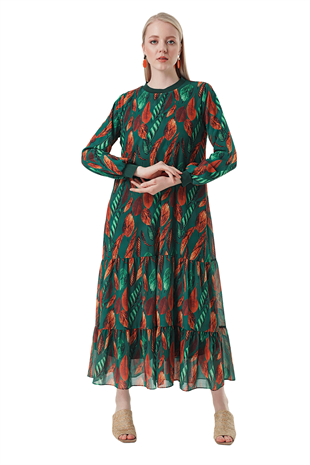 Kadın Yeşil Turuncu Desenli Uzun Şifon Elbise