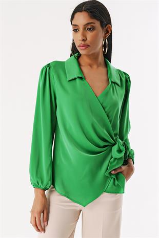 Kadın Yeşil Yan Bağlamalı Yakalı Saten Bluz