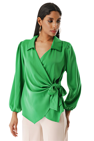 Kadın Yeşil Yan Bağlamalı Yakalı Saten Bluz