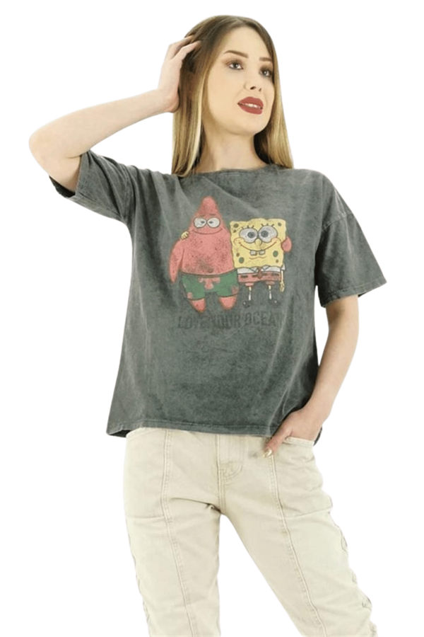 Sünger Bob Baskılı Kadın T-Shirt - Antrasit