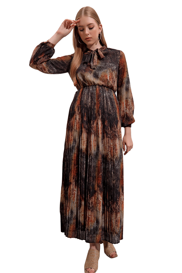 Kadın Haki Eteği Piliseli Desenli Şifon Elbise