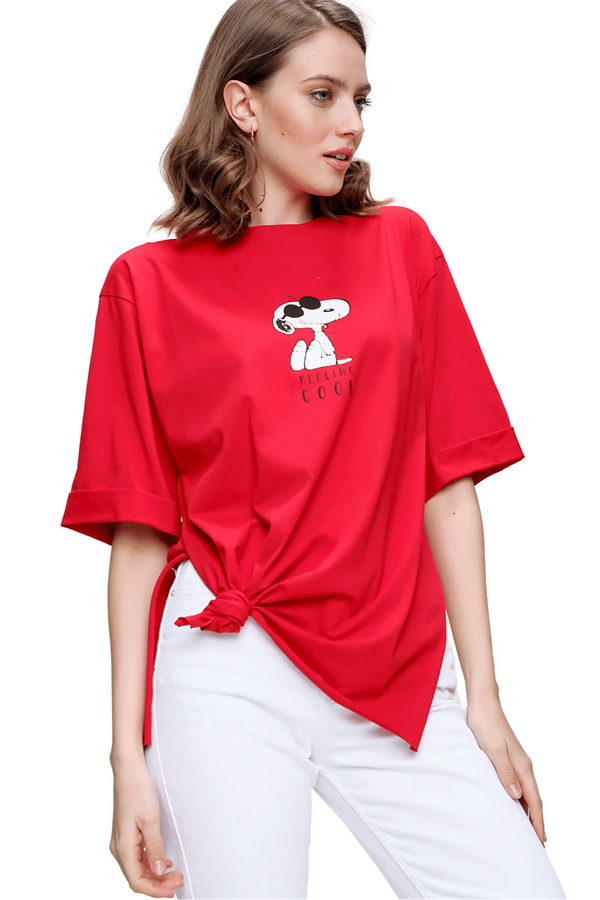 Kadın Kırmızı Snoopy Baskılı Tişört