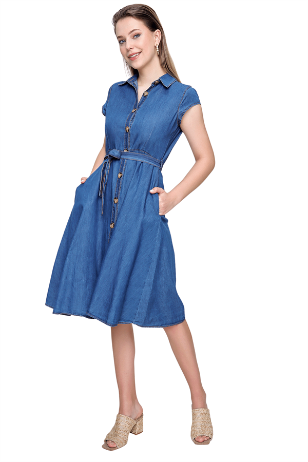 Kadın Koyu Mavi Bel Kuşaklı Sıfır Kol Kot Elbise