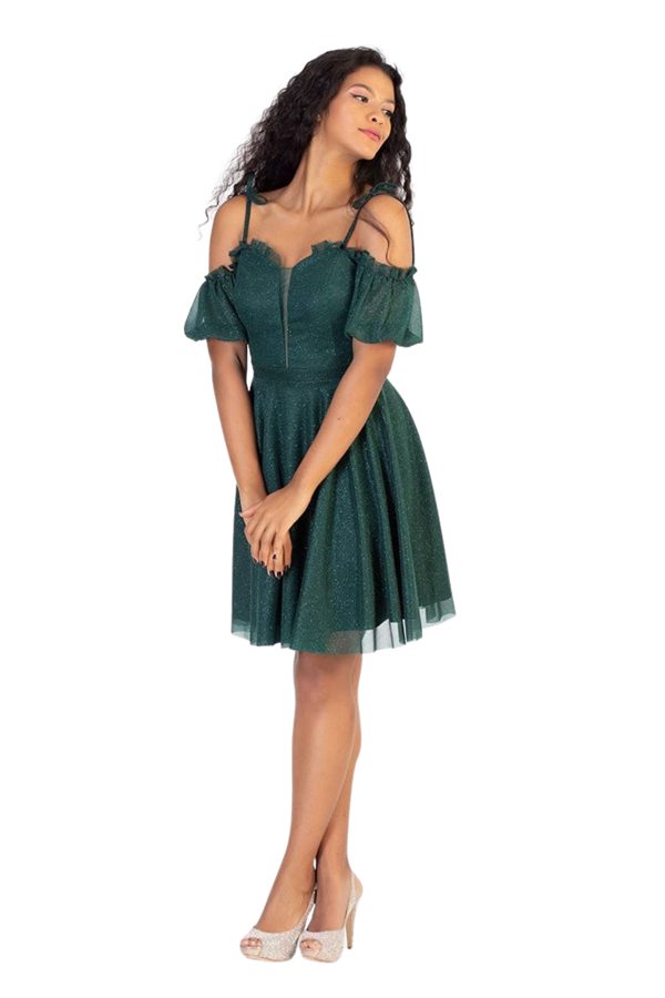 Kadın Zümrüt Yeşili Yakası Fırfırlı Askılı Kısa Abiye Elbise