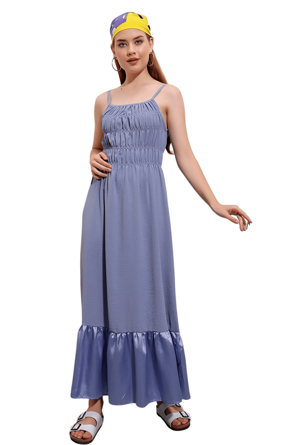 Kadın Mavi İp Askılı Gipeli Eteği Saten Elbise