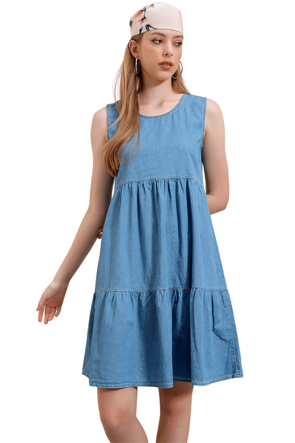 Kadın Mavi Sıfır Kol Kot Elbise