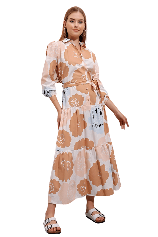 Kadın Camel Çiçek Desenli Kuşaklı Elbise