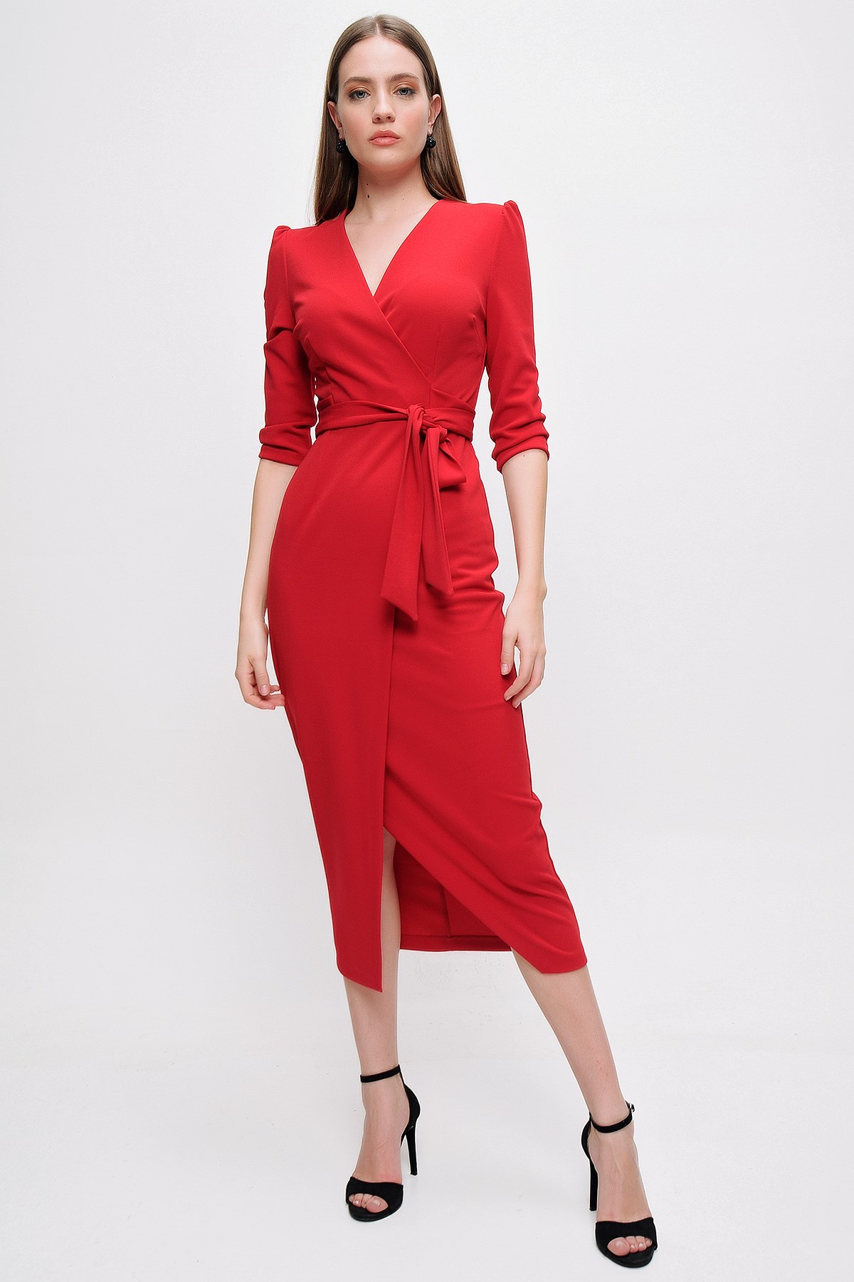 Kadın Kırmızı Kruvaze Yaka Elbise - Butik Buruç