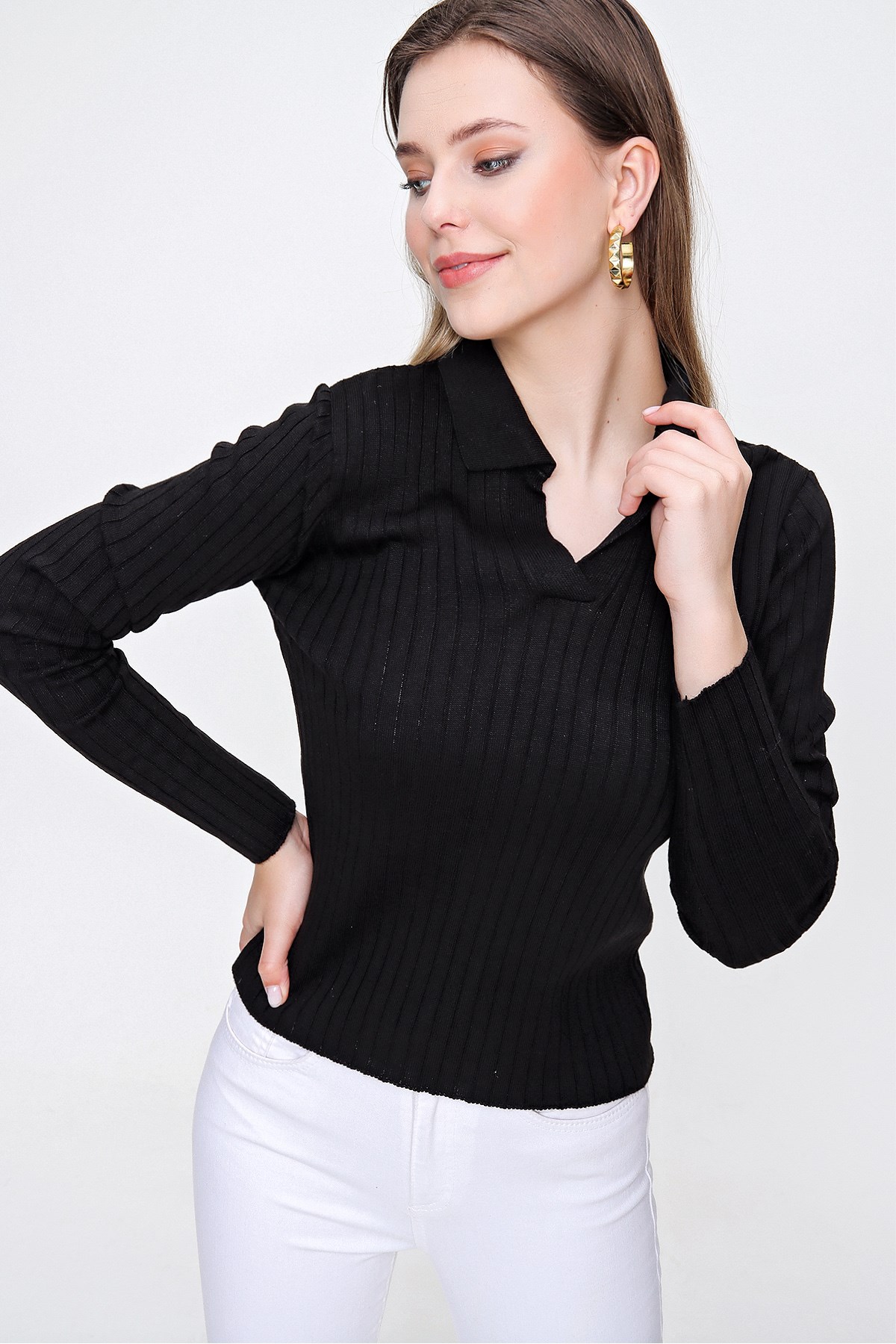 Kadın Siyah Polo Yaka Fitilli Triko Bluz - Butik Buruç