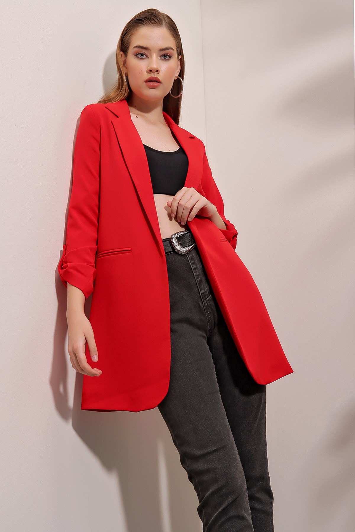 Kadın Kırmızı Uzun Ceket III Butik Buruç'ta