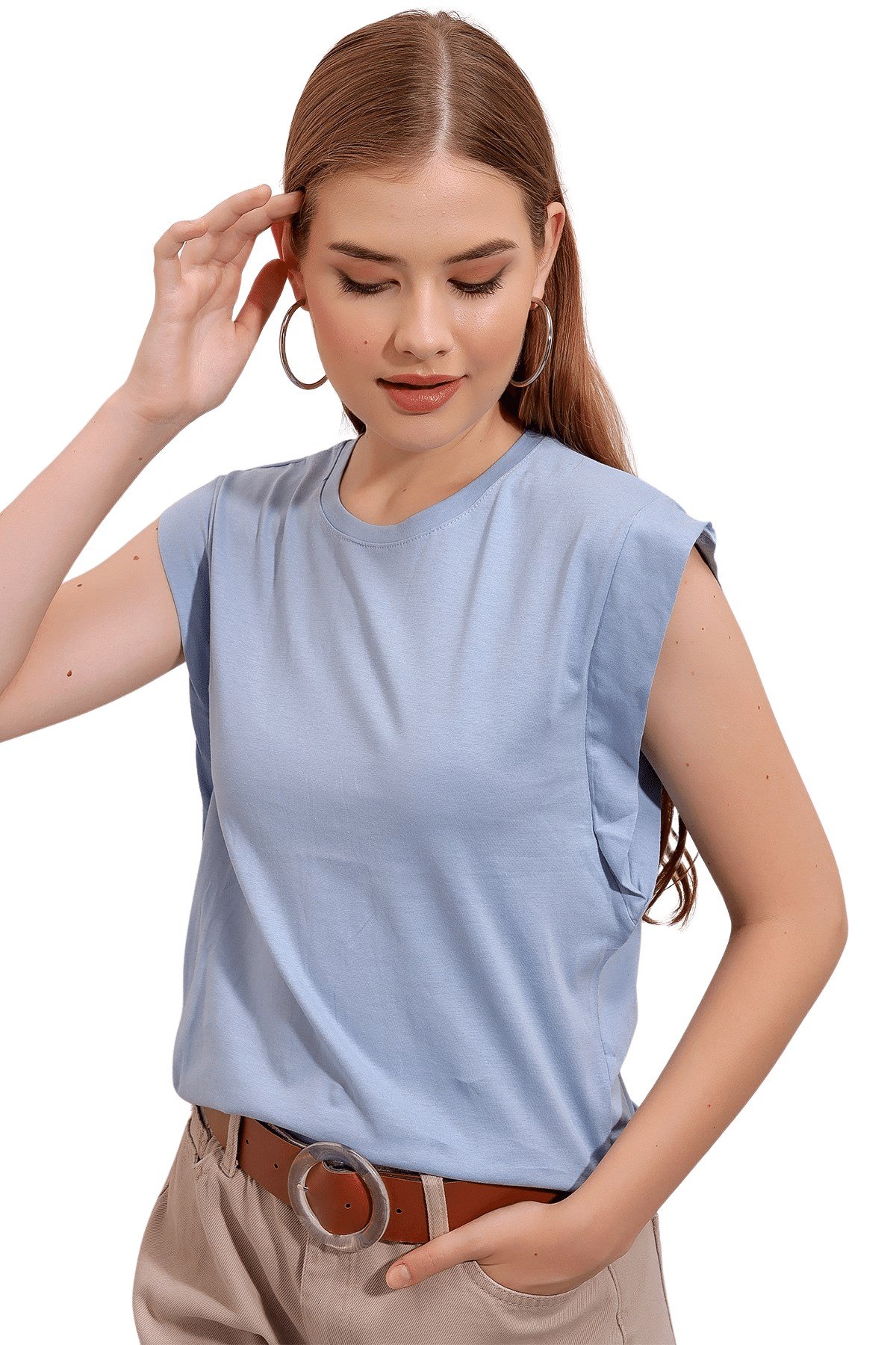Kadın Mavi Sıfır Kol Tişört - Butik Buruç