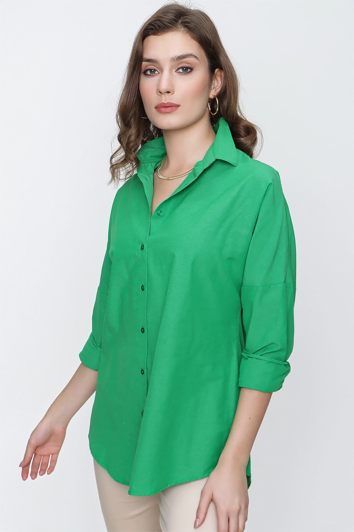 Kadın Yeşil Geniş Yaka Düz Gömlek - Butik Buruç