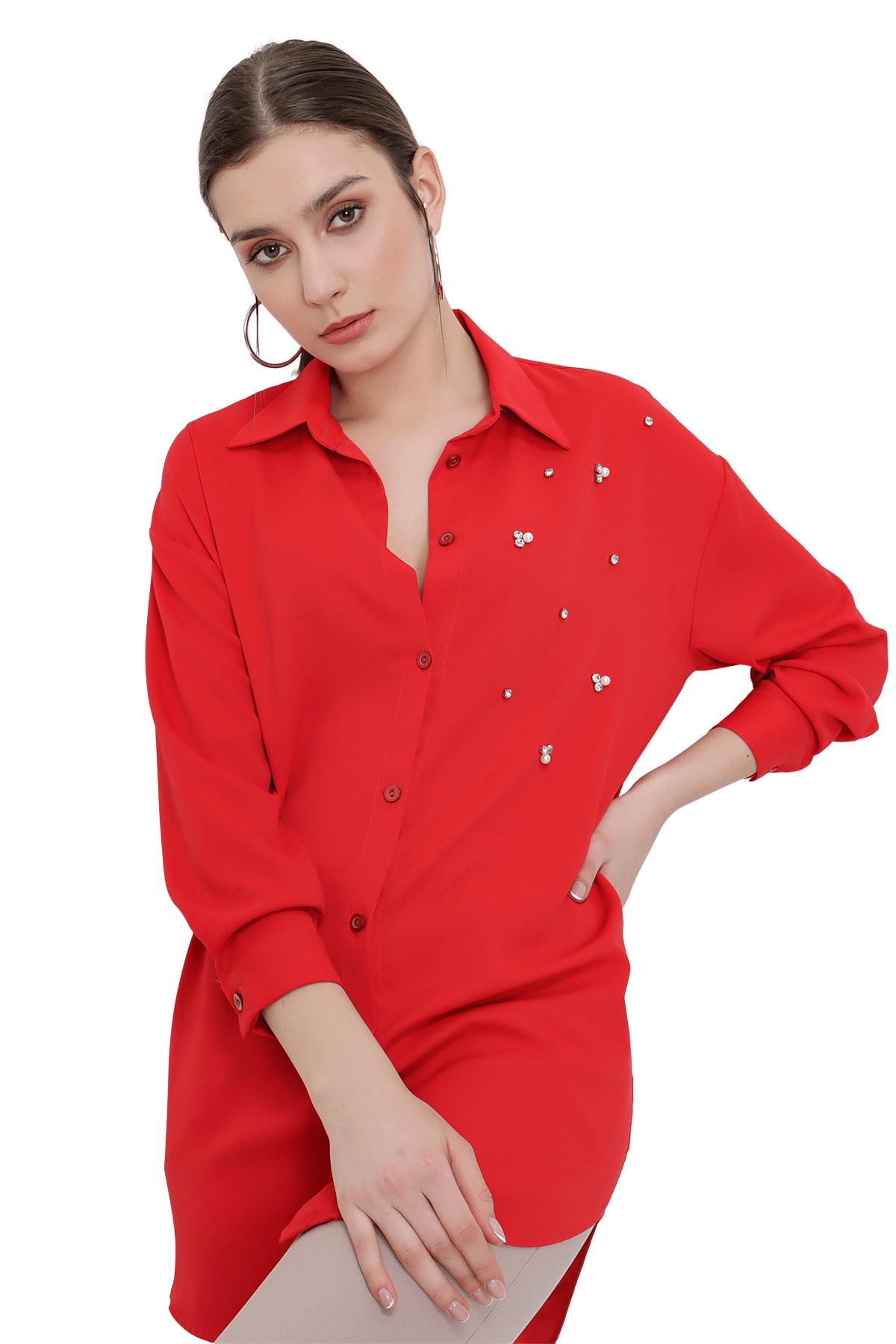 Kadın Kırmızı Yanı Taşlı Uzun Şifon Gömlek III Butik Buruç'ta